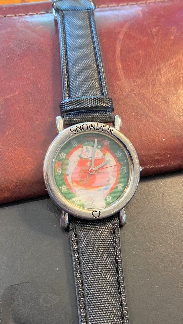 Silver Tone Snowden Watch, Changing Face Snowman Scene, Black Band
